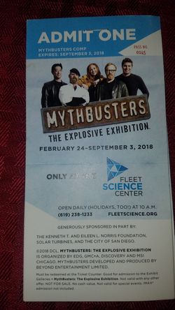MythBusters the explosive exhibition tickets at the science Fleet Center Balboa Park. Special $80 for 4 tickets