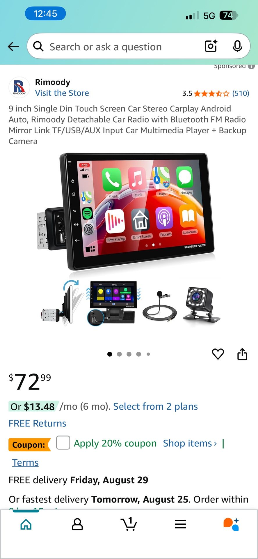 Car Radio 9 inch HD Touch Screen, AM/FM Bluetooth Radio, Android Auto, Apple CarPlay, Built-In Bluetooth, with 12LED Backup Camera