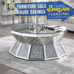 Mirrored Octagon Coffee Table with Crushed Crystal Accents