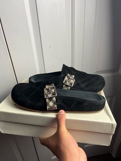 Burberry Black Suede Buckle Clogs
