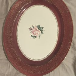 Vintage Homer Laughlin Lady Irene Oval Serving Platter-Maroon 22k Gold D52N8
