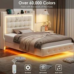 Twin Size Floating Bed Frame with RGB LED Lights Charging Station, Modern Velvet Upholstered Platform Bed Frame with Storage Headboard, Off-White