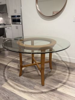 Crate & Barrel "Halo" Round Dining Table - Glass & Light Brown Base