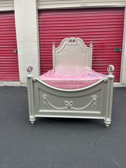 Grey twin size Disney Princess bed frame with  brand new Twin Bed Frame with brand-new mattress and box spring in plastic