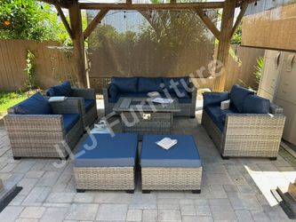 NEW🔥Outdoor Patio Furniture HDPE WICKER Grey with Sapphire Blue 4" cushions and Firepit ASSEMBLED