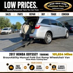2017 Honda Odyssey TOURING BraunAbility Manual Fold Out Ramp Rear Loading Wheelchair Van