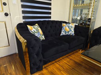 Black Velvet Tufted Sofa with Gold Trim