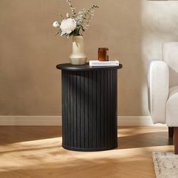5013BLK Quin Pedestal Side Table, Tambour Round Fluted End Table, Small Accent Tables for Living Room, Mid Century Modern Night Stand, Circle Bedside 