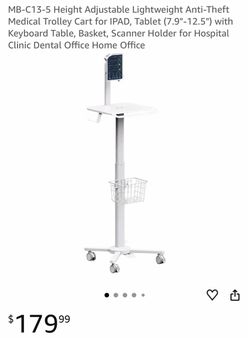 MB-C13-5 Height Adjustable Lightweight Anti-Theft Medical Trolley Cart for IPAD, Tablet (7.9"-12.5") with Keyboard Table, Basket, Scanner Holder for H