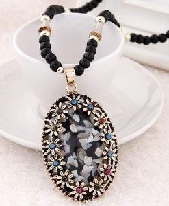 Seashell Fragments Inlaid Multi Color Rhinestones Flowers Rimmed Rectangular Water Drop Black Beads Pendent Necklace