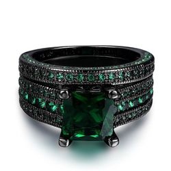 2 Pcs Princess Cut Green Black Gold Plated Cubic Zirconia Women's Ring