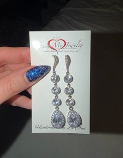 Silver Crystal Teardrop Drop Earrings - White