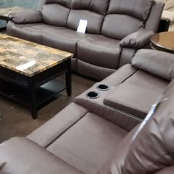 3 Piece Brown Leather Reclining Set With Console