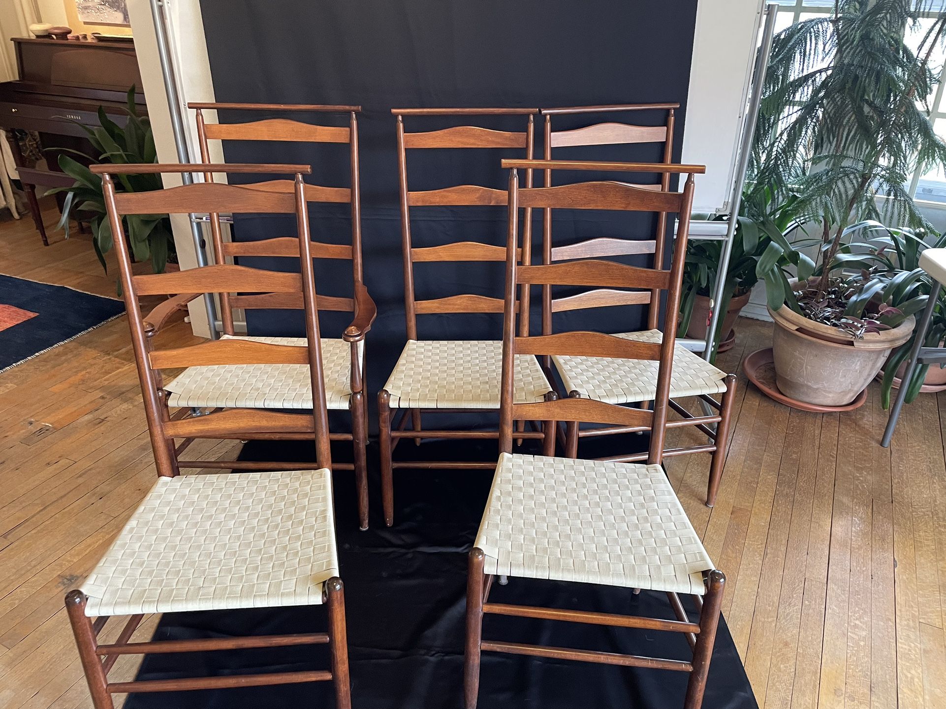 5 Vintage Shaker style chairs, ladder style tops & woven seats, Solid Wood Cherry Finish
