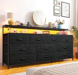 EnHomee 55" W Dresser For Bedroom With 10 Drawers, Long Dresser With LED Lights & Power Outlets, Wide Dressers & Chests Of Drawers, Dresser Metal Fram