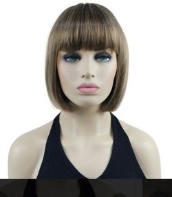 Women’s Short Straight 8” Bob Wig with Bangs Brown w/ Blonde Highlights NWT