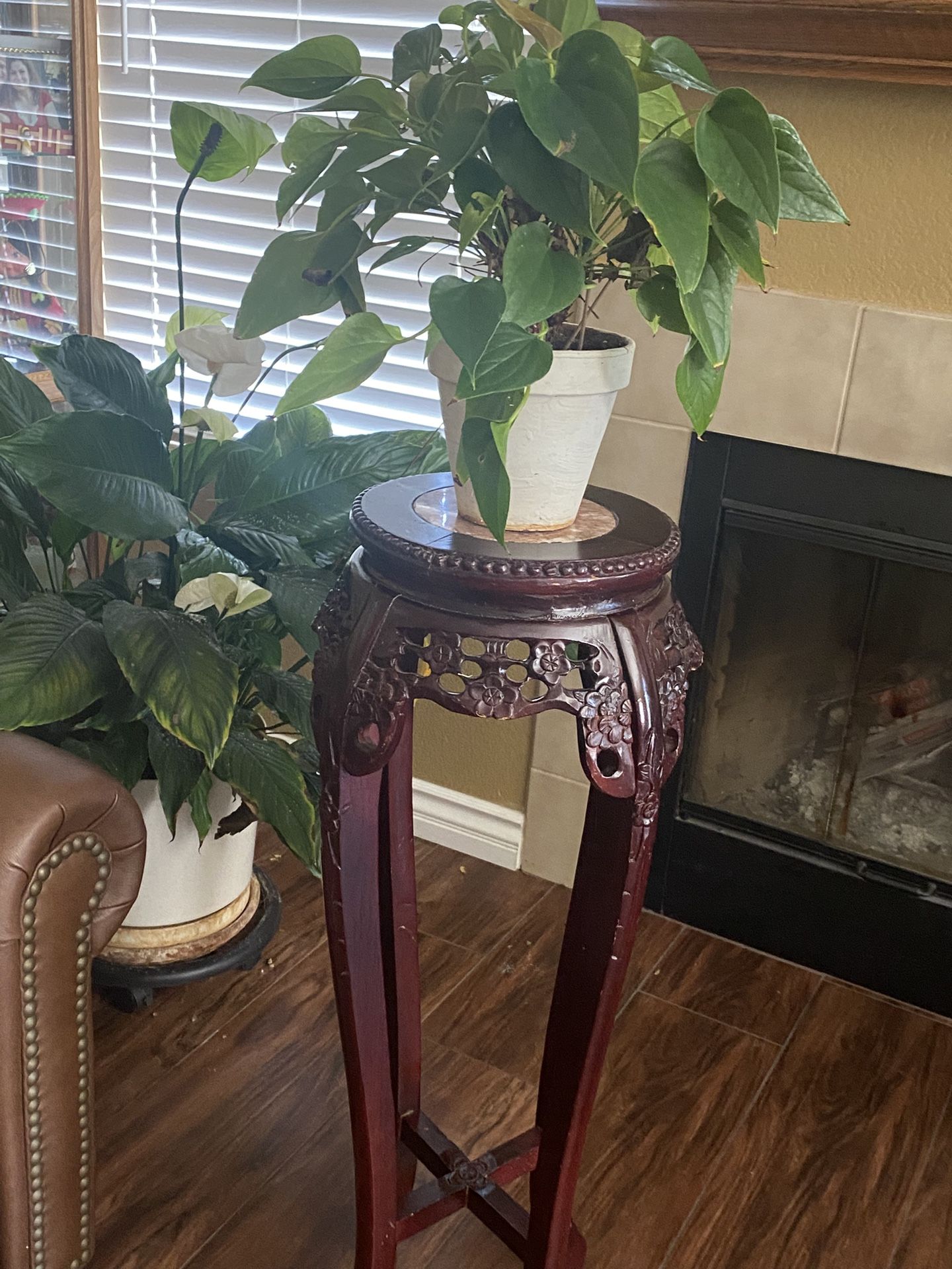 Chinese Asian Design Carved Wood Marble Top Tall Plant Stand