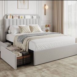 New Queen Gray Bed frame with two drawers. No mattress included.