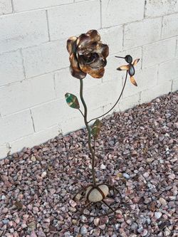 Metal Rose and Hummingbird Garden Sculpture