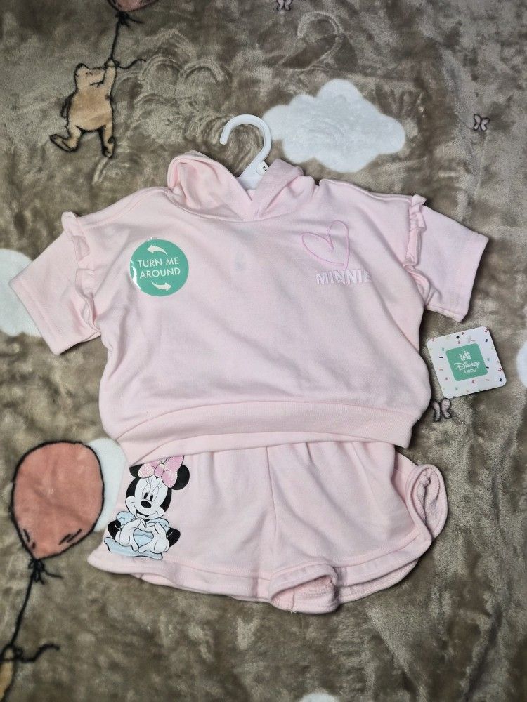 24 Months Minnie Mouse Light Pink Hoodie And Shorts Outfit - New