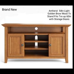 Brand New Amherst 54"In Light Golden Brow Wood Tv Stand Fits Tvs Up  60" In Storage Doors 