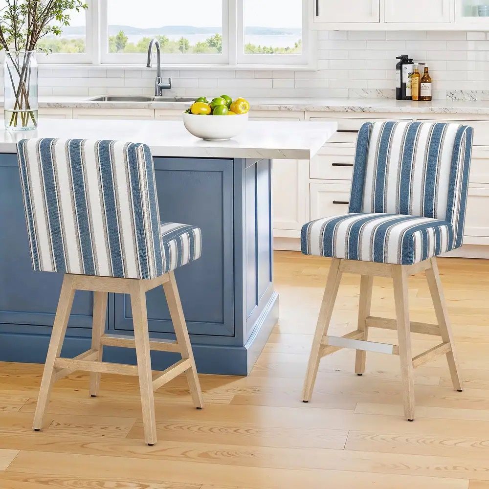 Rustic 26 in. Swivel Counter Height Bar Stools with Wing-Back Upholstered Swivel Counter Stools with Footrests - Set of 2 - Blue/White