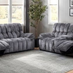 Brand New Grey Super Plush Reclining Sofa & Loveseat 