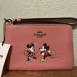 Coach x Disney Mickey And Minnie Mouse Wristlet In Pink Blush Color 