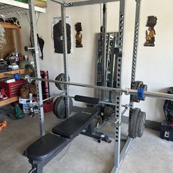 Gym Weights, Bench, Bar, Squat Rack with attachments