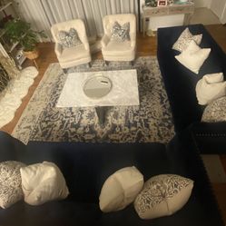 Living Room Set: Blue velvet Sofa, Accent Chairs & Marble coffee table