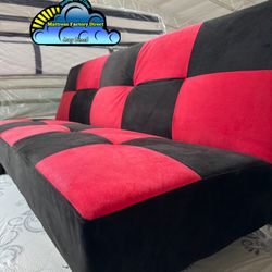 Red And Black Futon Couch With Suede Sofá Cama 