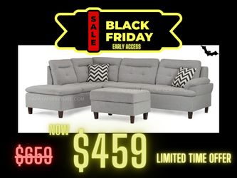 Black Friday Deal! Gray Fabric Left Chaise Sectional Sofa with matching Storage Ottoman, Sectional Sofa Couch with footrest, Livingroom Couch seats