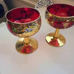 Murano Bohemian Ruby Red wine champagne Glasses 24K Salvadori boho MCM Valentines 