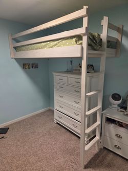Custom Built Solid Pine Whitewashed Twin Bed Loft With Matress