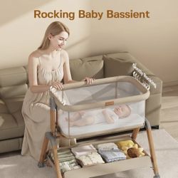 3 in 1 Baby Bassinet Bedside Sleeper, Gentle Rocking Bassinet with Wheels, 5 Adjustable Heights, Full Breathable Mesh, Soft Mattress & Storage Basket,