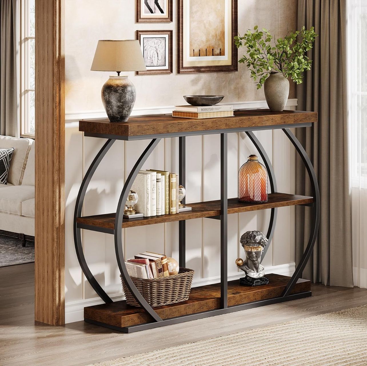 Rustic Console Table, Industrial 3-Tier Entryway Table 