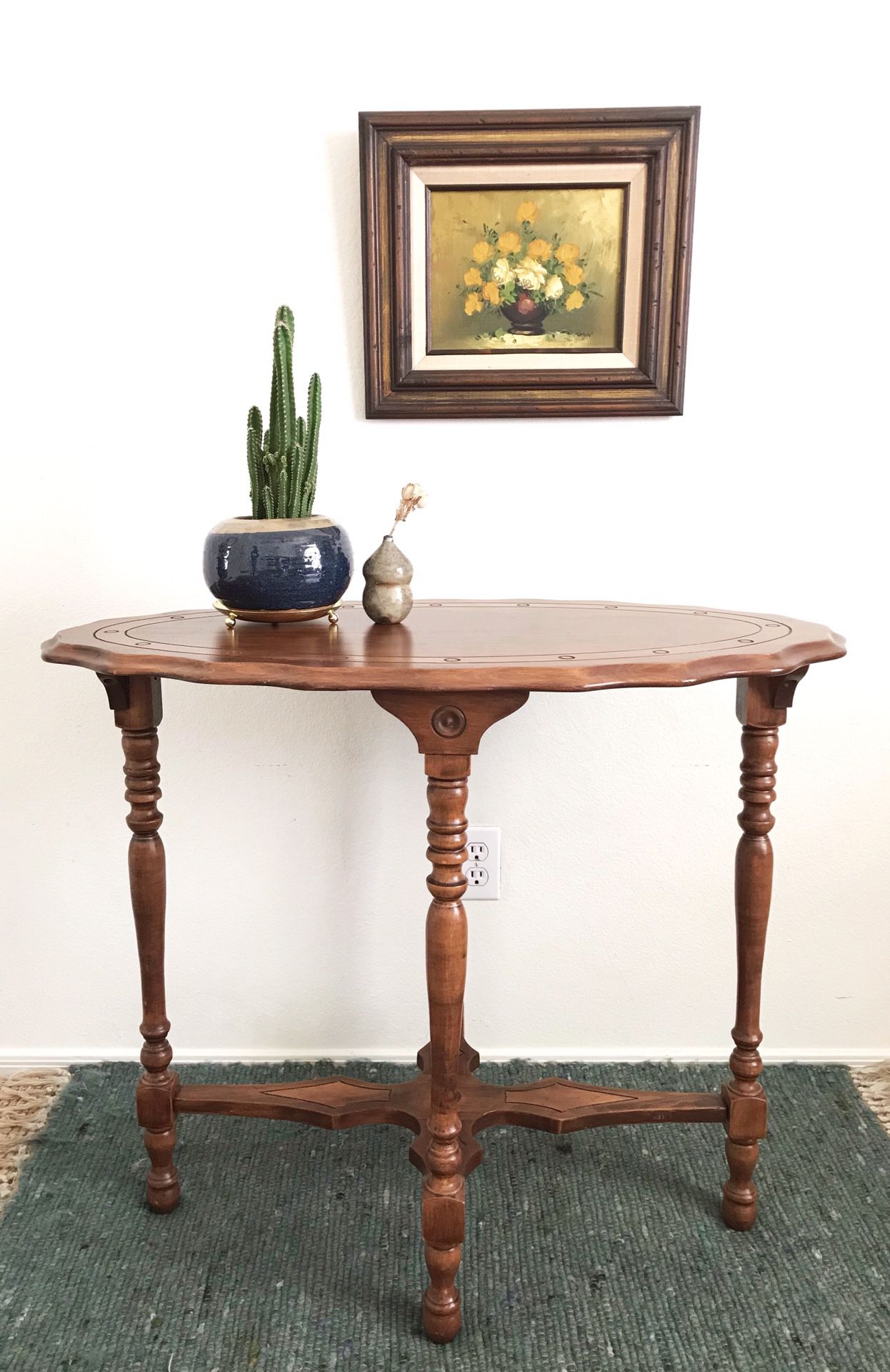 Vintage oval wood engraved console or entry table