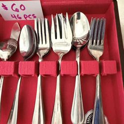 46 Pcs Of Brand New Silverware Plus Wooded Box $60 Silver Ware 