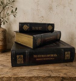 Vintage Set of 3 Ernest Hemingway The Old Man and the Sea Wooden Book Boxes