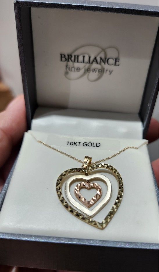 Brilliance Fine Jewelry 10K Tri Tone Gold Triple Open Heart Pendant, 18"