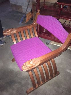 Carved Wood Armchair with Purple Upholstery
