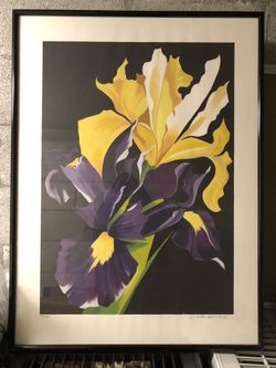 “Yellow And Purple Irises” Limited Edition Lithograph Print By Lowell Blair Nesbit Vintage Black Aluminum Frame