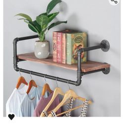 Industrial Pipe Clothing Rack with Shelves, Metal Commercial Clothes Racks for Hanging Clothes,Wall Mounted Black Iron Garment Bar

