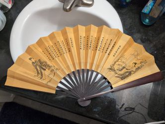 Chinese Silk Folding Hand Fan – Calligraphy & Beauties, Dark Wood Ribs