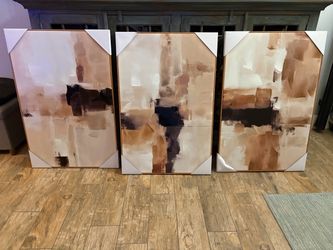 New!✨ beautiful 3 pc set of 24x36 wood framed modern abstract canvas wall art