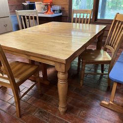 Solid Honey Wood Pine Table W/ 4 Chairs Folds Out To Large Table