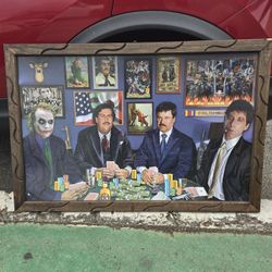 Poster The Joker (DC Comics), Pablo Escobar, El Chapo, and Scarface, playing poker. Framed Painting Cuadro From Mexico 