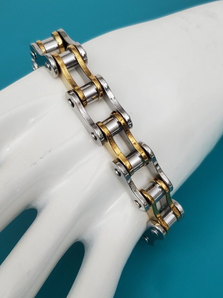 Men's/Women's Silver And Gold Tone Stainless Steel Motorcycle Chain Bracelet