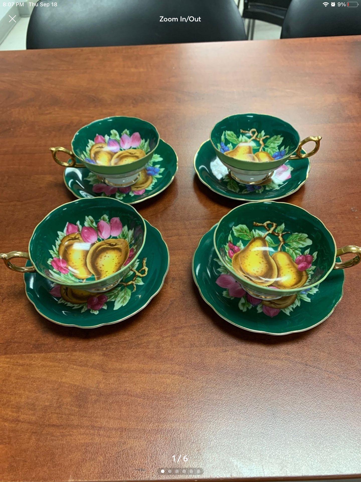 Antique Royal Sealy Japan Green Footed Cup & Saucer Fruit Grapes Berries; Vintage Teacup