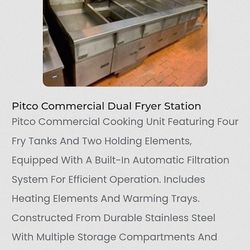 Pitco 4 Tank (8 basket) 94" Gas Fryers with 2 Heat Lamps & Built-In Filtration
